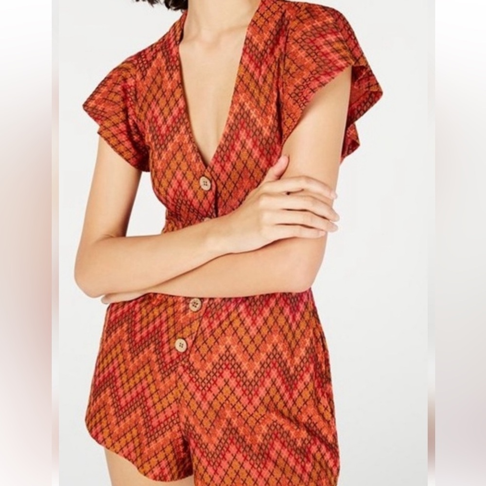 Free People Knit zig zag Orange Patterned V-Neck Phoenix Short Romper Size XS